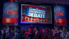 Reporters get a tour of the room where democratic presidential candidates will debate at the Wynn Hotel in Las Vegas