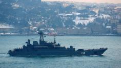 The Russian Navy's large landing ship Korolev sails in the Bosphorus, on its way to the Mediterranean Sea, in Istanbul