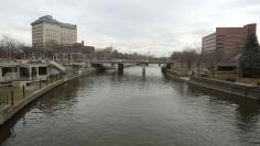 The Flint River is seen flowing thru downtown in Flint, Michigan