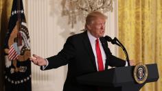 U.S. President Trump answers questions during news conference at the White House in Washington