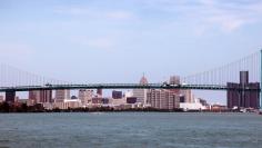 The Detroit city skyline behind the Ambassador Bridge