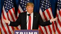 Republican U.S. presidential candidate Trump responds to a speech by former Republican presidential nominee Romney as Trump appears at a campaign rally in Portland