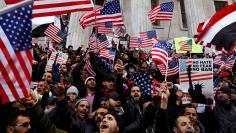 Demonstrators participate in a protest by the Yemeni community against U.S. President Donald Trump's travel ban in the Brooklyn borough of New York