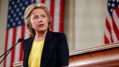 Democratic U.S. presidential candidate Hillary Clinton speaks at the Old State House in Springfield