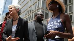 Green Party presidential candidate Jill Stein speaks to supporters during a rally outside the Wells Fargo Center on the second day of the Democratic National Convention in Philadelphia