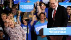 U.S. Democratic presidential candidate Hillary Clinton waves to supporters as she is introduced by Warren Buffett during a campaign rally at the Omaha North High Magnet School in Omaha, Nebraska 