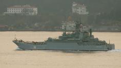 The Russian Navy's large landing ship Caesar Kunikov sets sail in the Bosphorus towards the Black Sea, in Istanbul