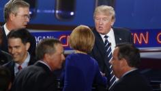 Republican U.S. presidential candidates mingle and talk after the conclusion of the second official Republican presidential candidates debate of the 2016 U.S. presidential campaign at the Ronald Reagan Presidential Library in Simi Valley
