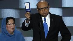 Khizr Khan speaks during the last night of the Democratic National Convention in Philadelphia