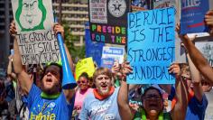 A group of "Bernie For President" supporters is seen during a rally on the first day of the Democratic National Convention in Philadelphia