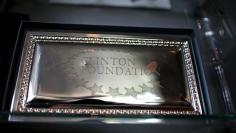 A Clinton Foundation souvenir is seen for sale at the Clinton Museum Store in Little Rock
