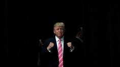 Republican presidential nominee Donald Trump arrives at a campaign rally in Manheim