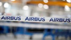 The logo of Airbus Group is seen at the Airbus Helicopters Paris-Le Bourget plant dedicated to the production and the renovation of helicopters blades, in Dugny, near Paris, France, December 1, 2017. REUTERS/Benoit Tessier  