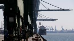 FILE PHOTO: A container is carried away from a cargo ship at Tianjin Port, in northern China February 23, 2017. REUTERS/Jason Lee/File Photo         