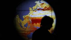 A woman walks past a map showing the elevation of the sea in the last 22 years during the World Climate Change Conference 2015 at Le Bourget
