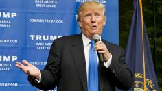 Businessman and Republican presidential candidate Donald Trump speaks to supporters during a back-yard reception in Bedford