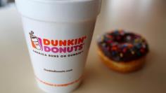 A drink and a doughnut are seen at a Dunkin' Donuts location in the Chicago suburb of Niles