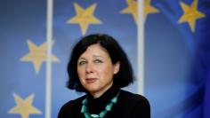 FILE PHOTO - EU Justice Commissioner Jourova speaks during an interview with Reuters in Brussels