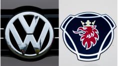 A combination of two file photographs shows the logos of German carmaker Volkswagen in Carlsbad, California and Swedish truck maker Scania in Ludwigsfelde