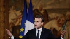 French President Emmanuel Macron delivers his New Year wishes to members of the diplomatic corps at the Elysee Palace in Paris