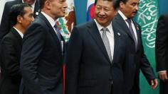 China's President Xi Jinping (2nd R) and Australia's Prime Minister Tony Abbott (3rd L) leave after a group photo of G20 leaders and representatives of partner groups at the annual G20 summit in Brisbane November 15, 2014. REUTERS/Jason Reed    