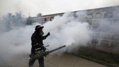 A health worker fumigates as part of preventive measures against the Zika virus and other mosquito-borne diseases, at the cemetery of Presbitero Maestro in Lima