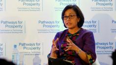 Indonesian Finance Minister Sri Mulyani Indrawati gestures during a panel discussion in Nairobi