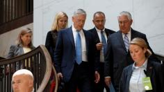 Secretary of Defense James Mattis and Secretary of State Rex Tillerson arrive to brief the Senate Foreign Relations Committee on the ongoing fight against the Islamic State on Capitol Hill in Washington, U.S., August 2, 2017. REUTERS/Aaron P. Bernstein 