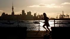 A jogger runs along the seawall in Auckland, with the city skyline in the background, in this September 26, 2011 file picture.   REUTERS/Stefan Wermuth