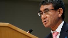 Japan's Foreign Minister Taro Kono speaks during a news conference at U.N. headquarters in New York City, New York, U.S., December 15, 2017. REUTERS/Brendan McDermid