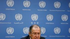 Russian Foreign Minister Sergei Lavrov speaks during a news conference at the United Nations in New York