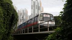 An SMRT train leaves a station in Singapore