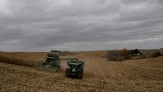 Farmer Blake Erwin drives a combine as he harvests corn on his farm near Dixon, Nebraska