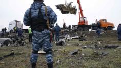 A pro-Russian separatist watches as a crane carries wreckage of the downed Malaysia Airlines flight MH17 at the site of the plane crash near the village of Hrabove (Grabovo) in Donetsk region, eastern Ukraine November 16, 2014.  REUTERS/Maxim Zmeyev