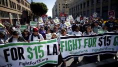 Fast-food workers and their supporters join a nationwide protest for higher wages and union rights in Los Angeles