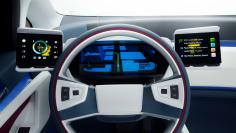 An undated handout rendering of the driver cockpit with instruments, interactive touch screen controls and head-up display in Visteon's e-Bee vehicle concept. REUTERS/Visteon/Handout