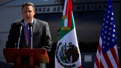 FILE PHOTO: U.S. Deputy Chief of Mission John Feeley in Mexico speaks during a ceremony at a hangar of Secretariat of National Defense in Mexico City