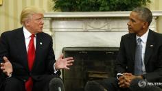 U.S. President Barack Obama meets with President-elect Donald Trump (L) in the Oval Office of the White House in Washington November 10, 2016.REUTERS/Kevin Lamarque 