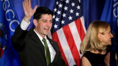 Paul Ryan waves to the crowd during an Election Night event in Janesville, Wisconsin. REUTERS/Ben Brewer 