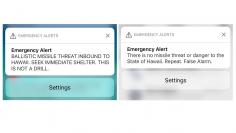 A combination photograph shows screenshots from a cell phone displaying an alert for a ballistic missile launch and the subsequent false alarm message in Hawaii January 13, 2018.  REUTERS/Hugh Gentry