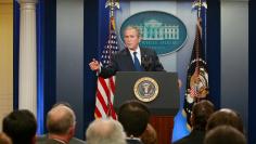 FILE PHOTO - U.S. President George W. Bush makes a point during his final news conference in the Brady press briefing room at the White House in Washington, DC, U.S. on January 12, 2009.         REUTERS/Jason Reed/File Photo