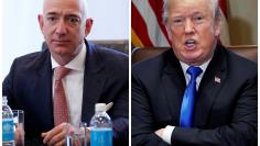 A combination photo of Amazon CEO Jeff Bezos and U.S. President Donald Trump in New York and in Washington