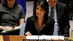 FILE PHOTO - U.S. Ambassador to the United Nations Nikki Haley speaks during the United Nations Security Council meeting on the situation in the Middle East, including Palestine, at U.N. Headquarters in New York City, New York, U.S., December 18, 2017. R