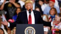 U.S. President Donald Trump appears on stage at a rally in Harrisburg
