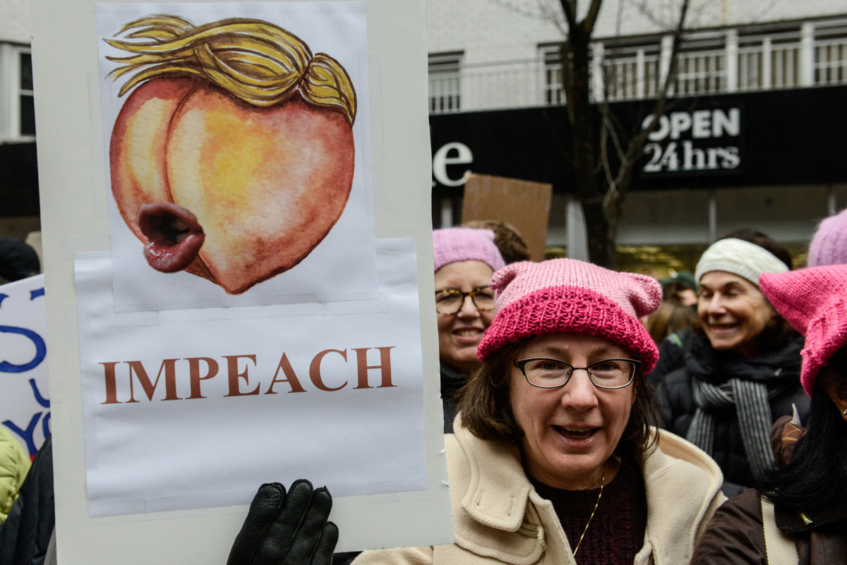 People participate in a Women's March to protest against U.S. President Donald Trump in New York City