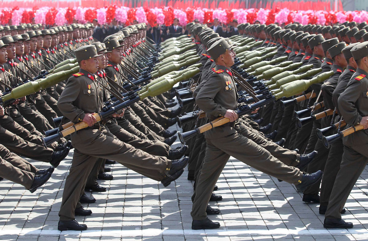 Soldiers march past the podium during a military parade to celebrate the centenary of the birth of DPRK&#039;s founder Kim Il-sung in Pyongyang