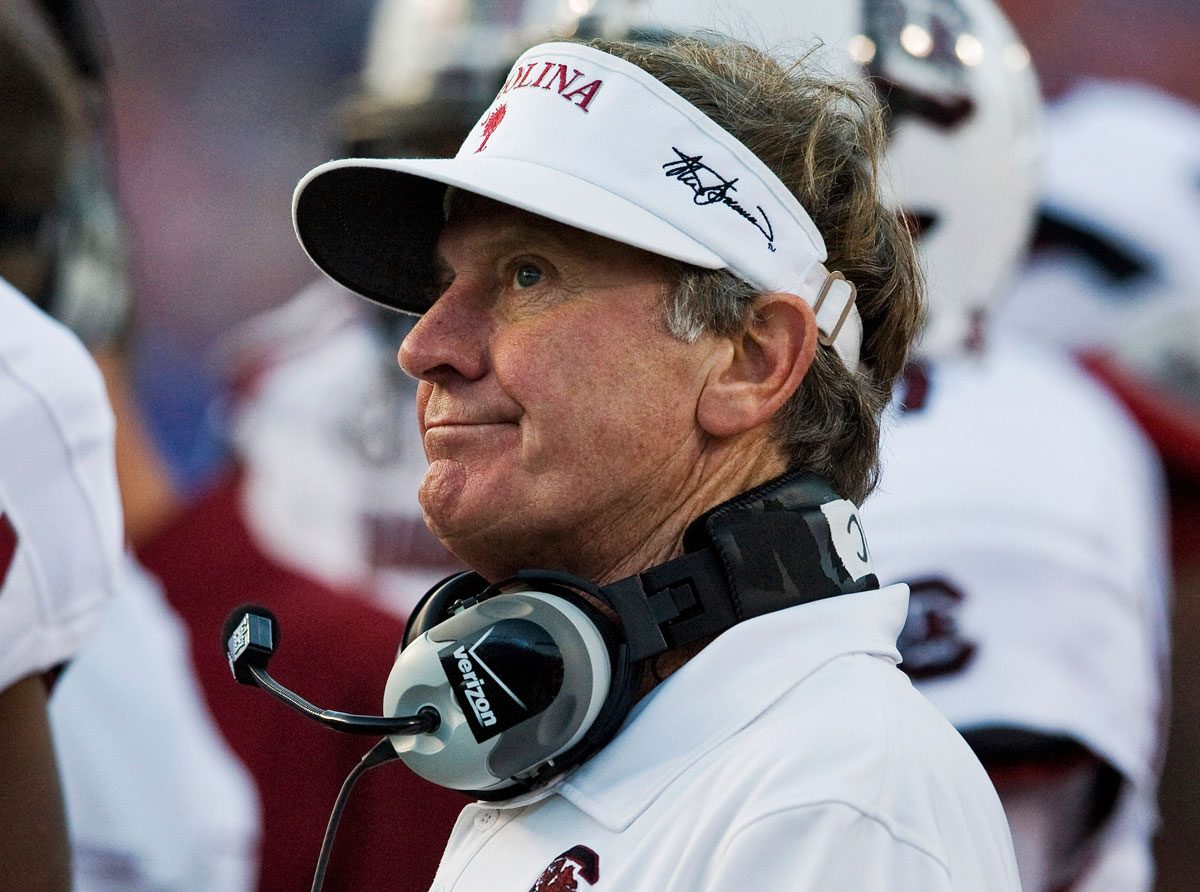 South Carolina&#039;s head coach Spurrier looks toward the score board in a loss to Florida during their NCAA college football game in Gainesville