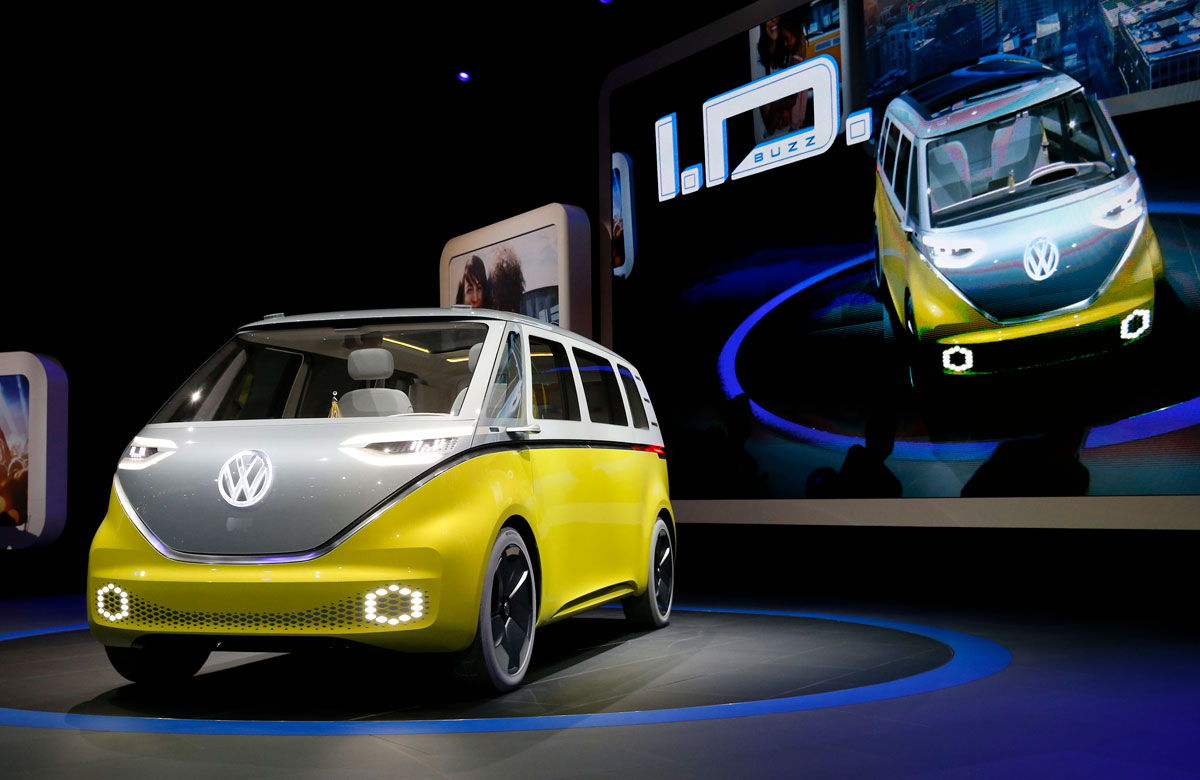 Volkswagen&#039;s electric I.D. Buzz concept vehicle is displayed during the North American International Auto Show in Detroit