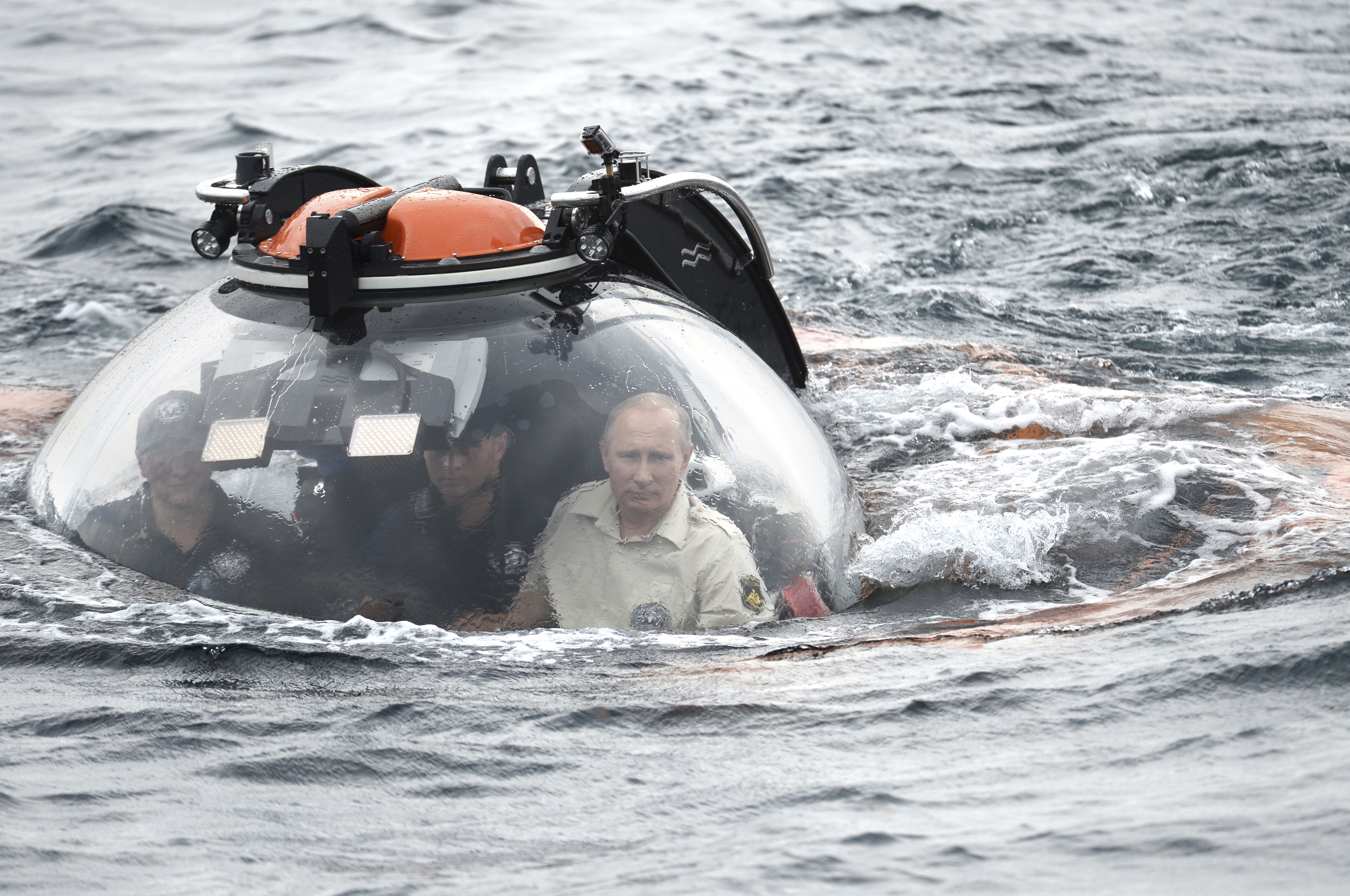 Russian President Putin is seen inside research bathyscaphe while submerging into waters of Black Sea near Sevastopol