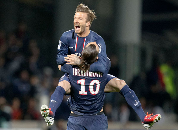 David Beckham and Zlatan Ibrahimovic Celebrate a Win